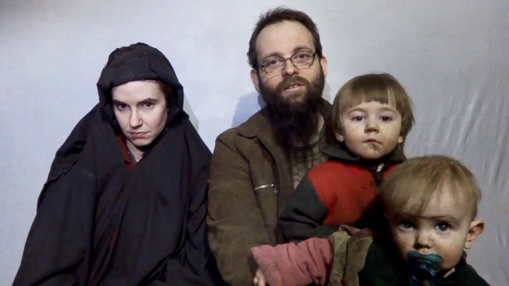 PHOTO: A still image from a video posted by the Taliban on social media, Dec. 19, 2016, shows American Caitlan Coleman next to her Canadian husband Joshua Boyle and their two sons.
