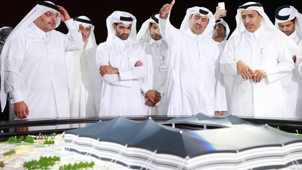 PHOTO: Secretary-General Hassan Al-Thawadi (3rd L) of Qatar's Supreme Committee for Delivery and Legacy, the nation's 2022 World Cup organizing committee, speaks during a news conference to announce the start of work on the Al-Khor Stadium,  June 21, 2014