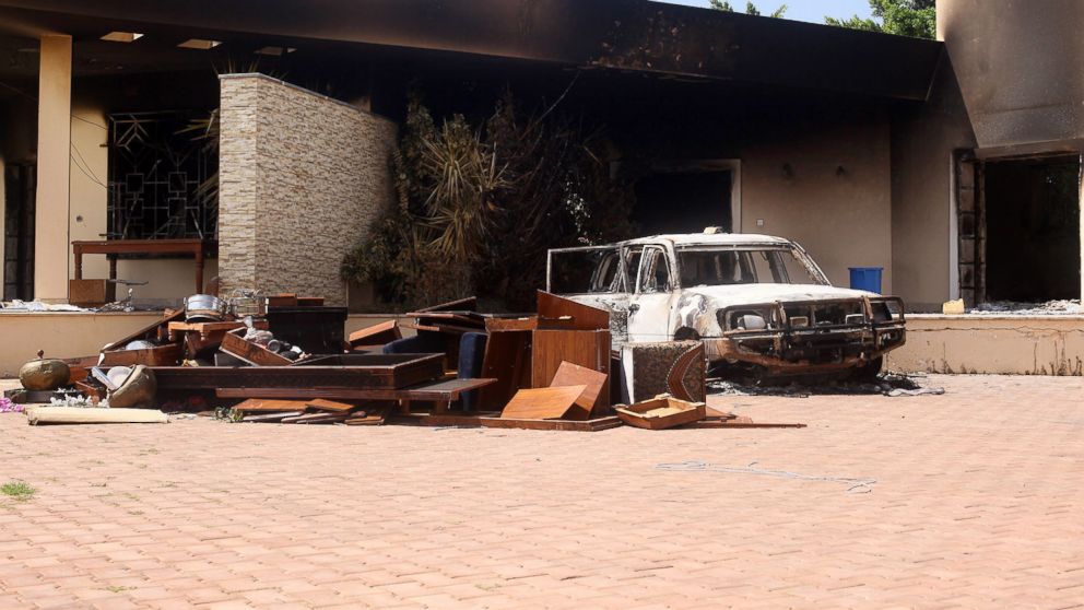A burnt car is seen after an attack on the U.S. Consulate in Benghazi, Libya, Sept. 12, 2012. The U.S. ambassador to Libya and three other Americans were killed.