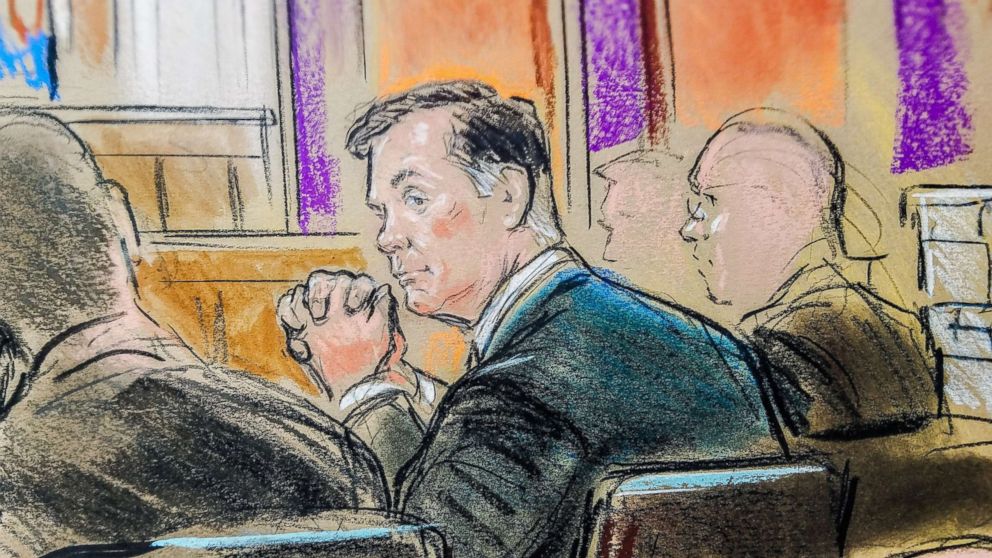 PHOTO: Former Trump campaign manager Paul Manafort is shown in a court room sketch, as he sits in federal court on the opening day of his trial on bank and tax fraud charges, in Alexandria, Va., July 31, 2018.