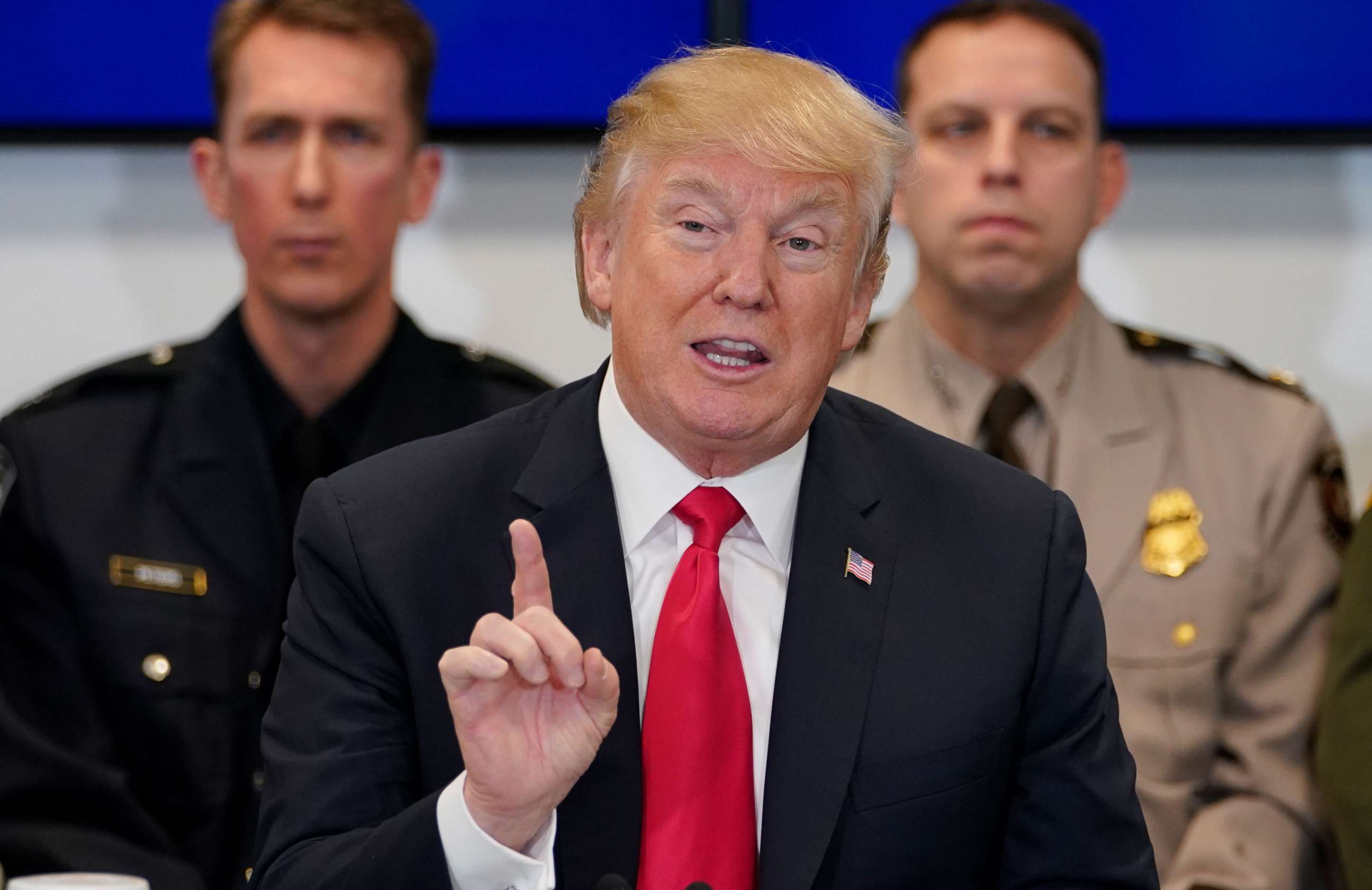 PHOTO: President Donald Trump speaks during a meeting at the Customs and Border Protection National Targeting Center in Sterling, Va., Feb. 2, 2018.