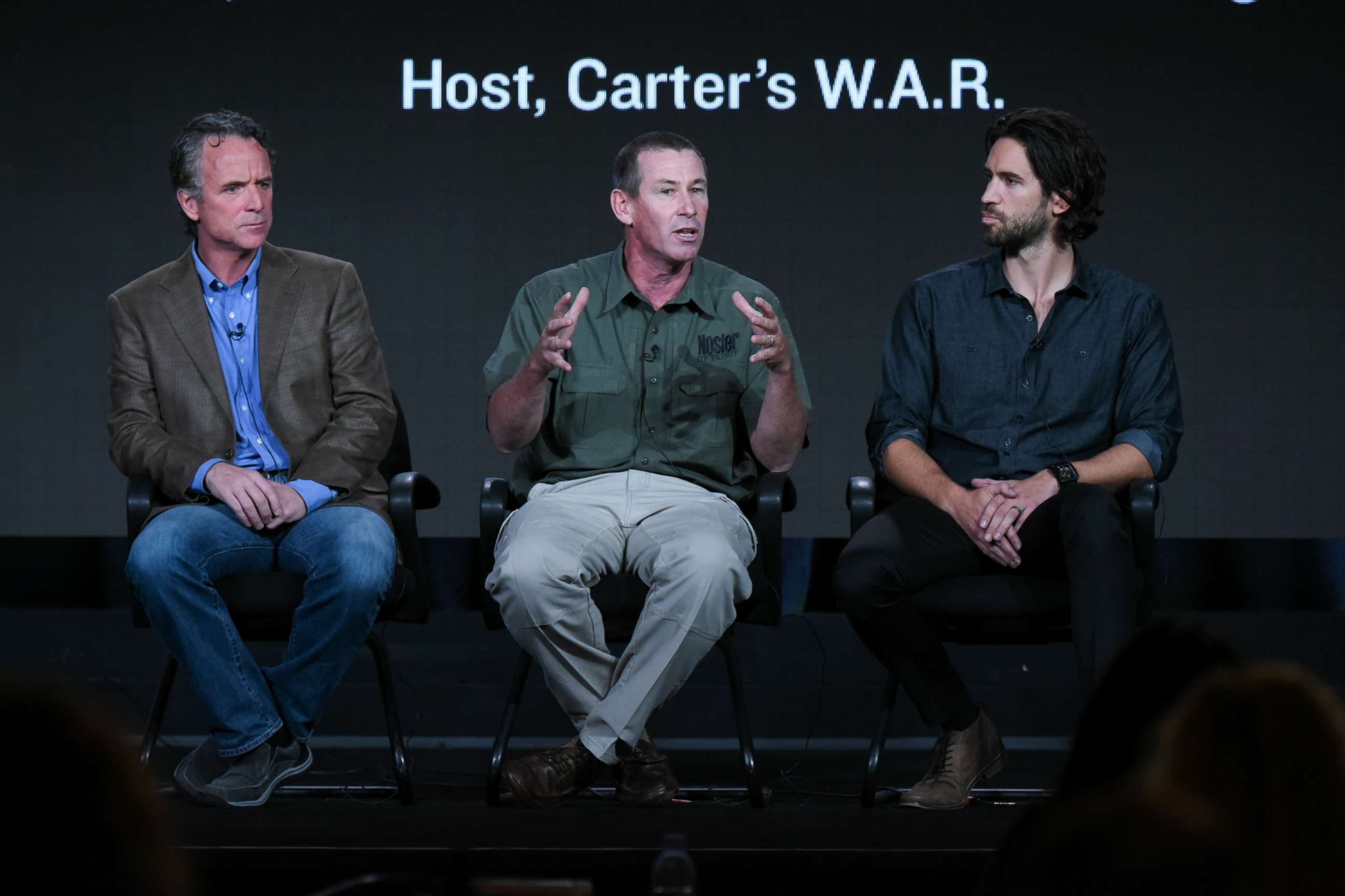 PHOTO: Jim Liberatore,speaks on stage during the "Carter's War" panel at the Outdoor Channel 2016 Winter TCA, Jan. 5, 2016, in Pasadena.