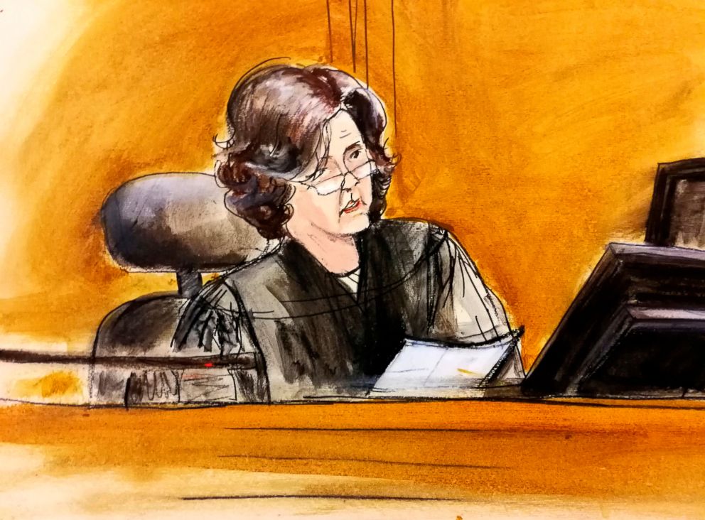 PHOTO: A courtroom sketch of U.S. District Judge Kimba Wood during a federal court hearing in New York, April 16, 2018.