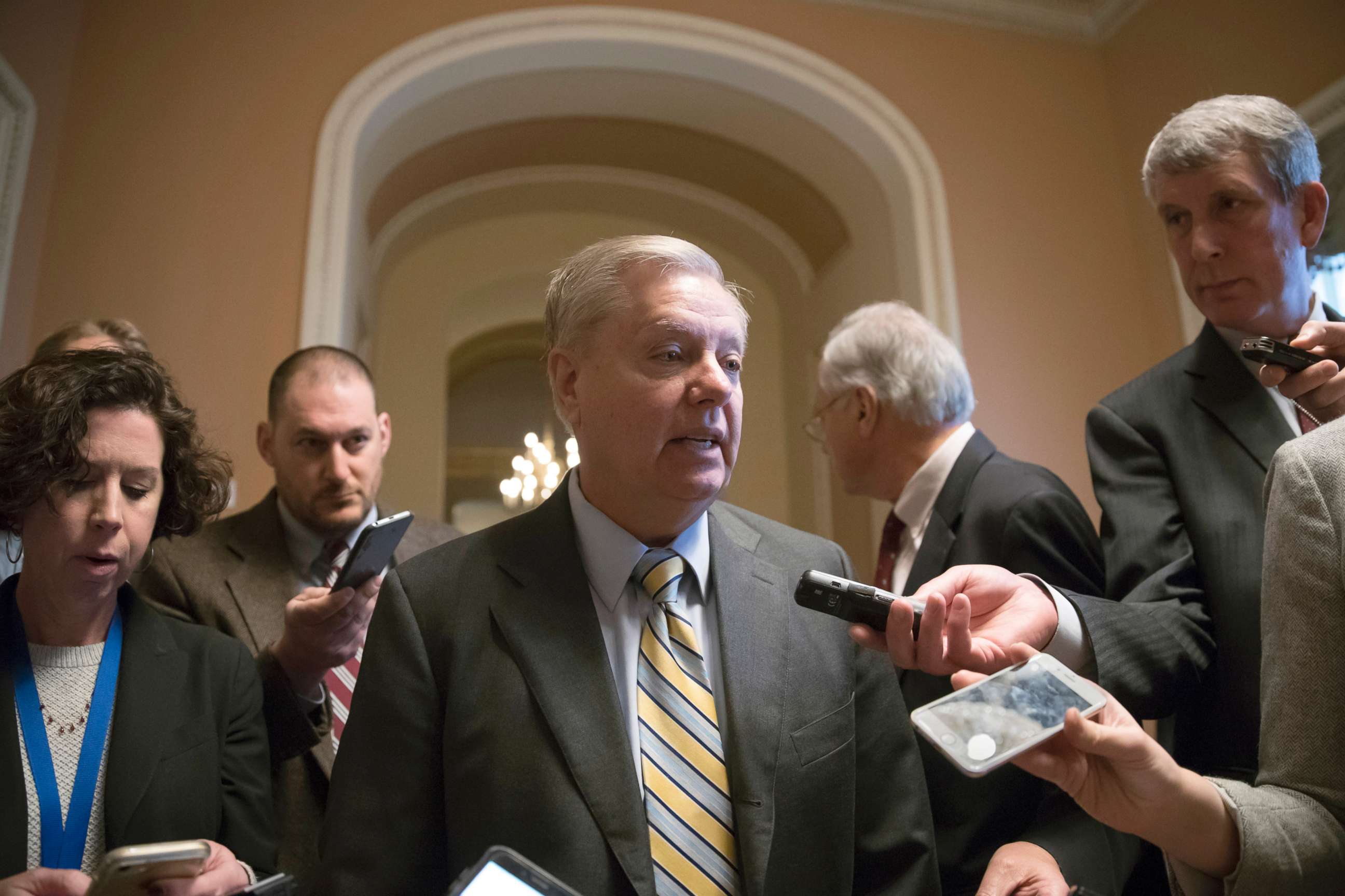 PHOTO: Sen. Lindsey Graham, R-S.C., talks to reporters at the Capitol in Washington, Feb. 7, 2018.