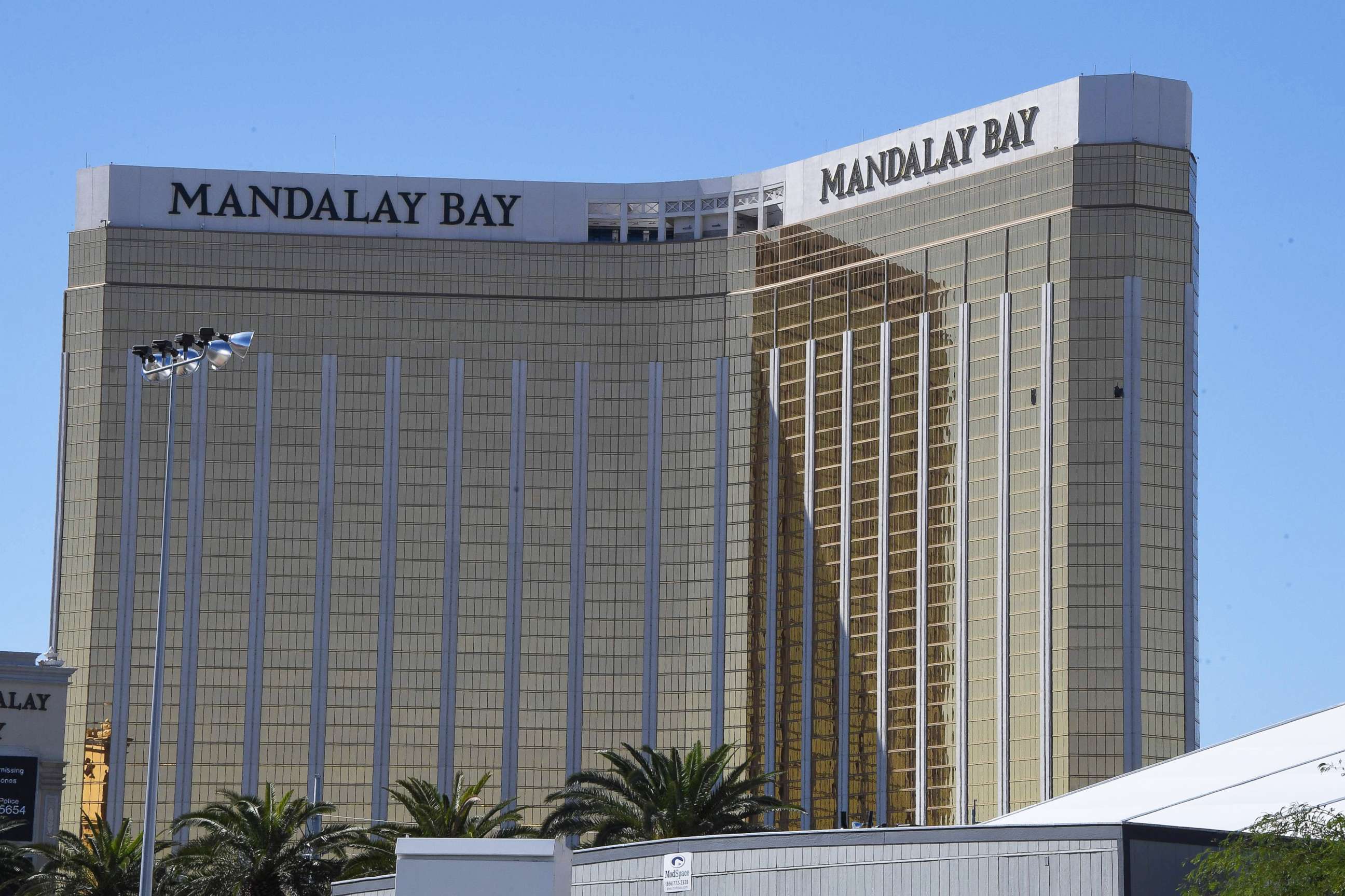 PHOTO: Broken windows are seen at the Mandalay Bay Resort and Casino, Oct. 2, 2017, in Las Vegas.
