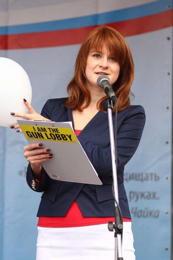 PHOTO: An undated handout picture made available by the Press Service of the Civic Chamber of the Russian Federation on chamber's official website shows "The Right to Bear Weapons" Public Organization's Board Chairman Maria Butina attending a rally.