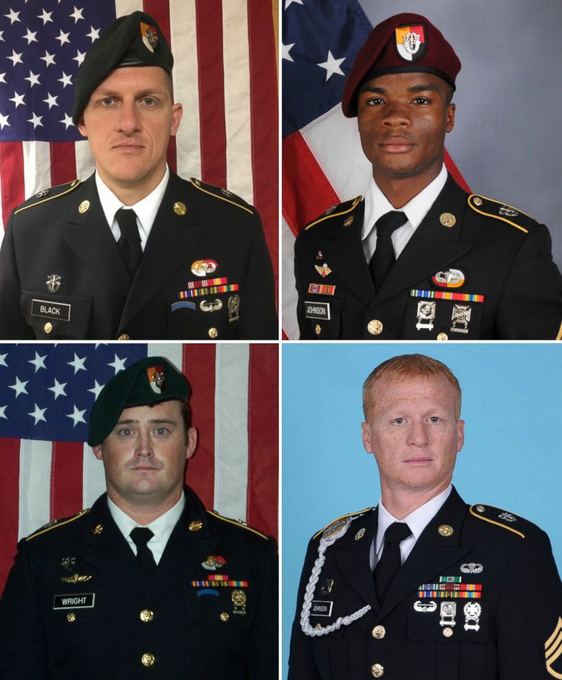 PHOTO: U.S. soldiers killed during an ambush in Niger on Oct. 4, 2017. Clockwise from top left, Army Staff Sgt. Bryan C. Black, Sergeant La David Johnson, Staff Sgt. Jeremiah W. Johnson, and Staff Sgt. Dustin M. Wright, 29.