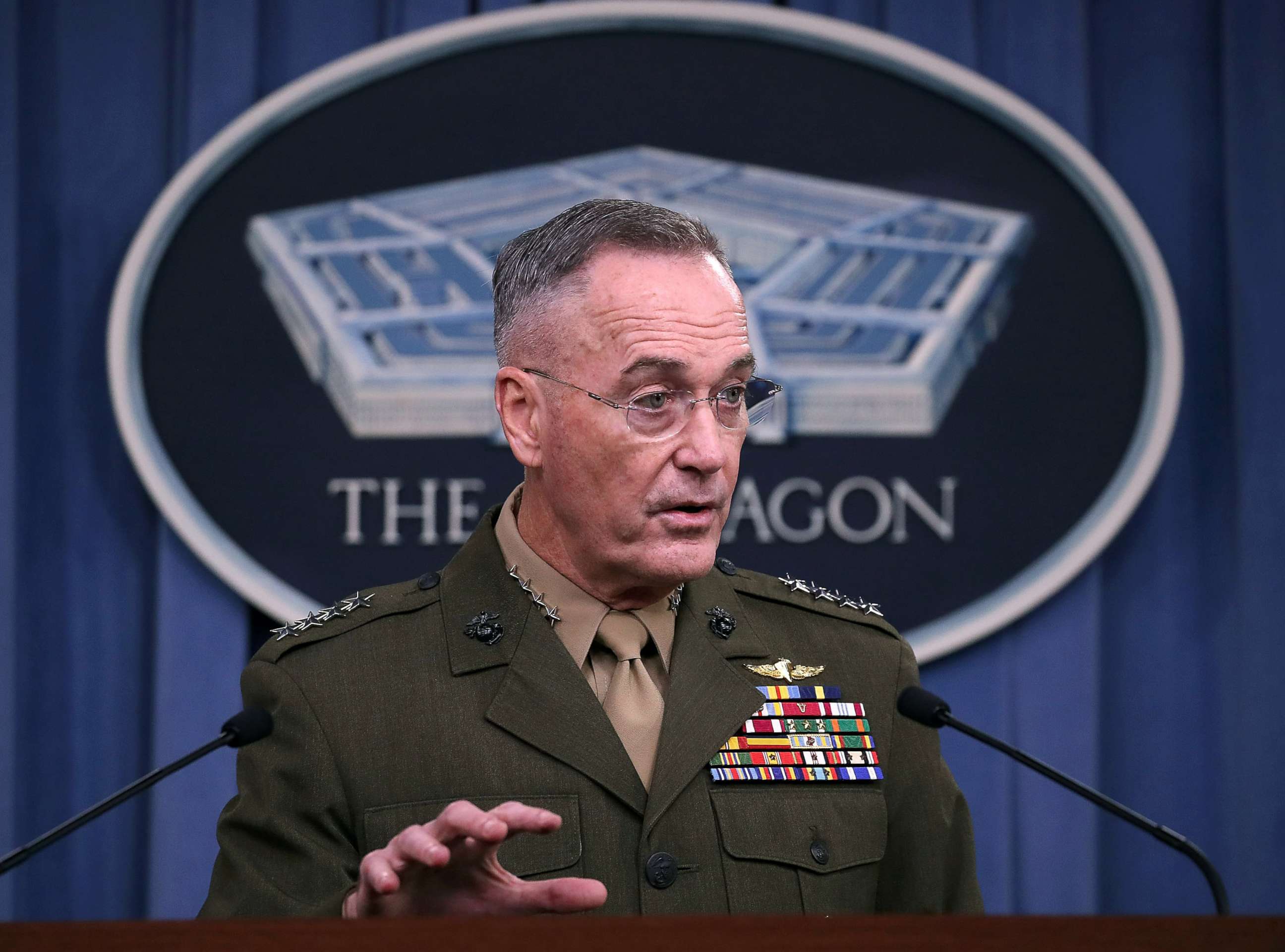 PHOTO: Gen. Joseph Dunford Jr. Chairman of the Joint Chiefs of Staff, briefs the media on the recent military operations in Niger, at the Pentagon on October 23, 2017. Four U.S. Army Special Forces members were killed on Oct. 4 in Niger by militants.