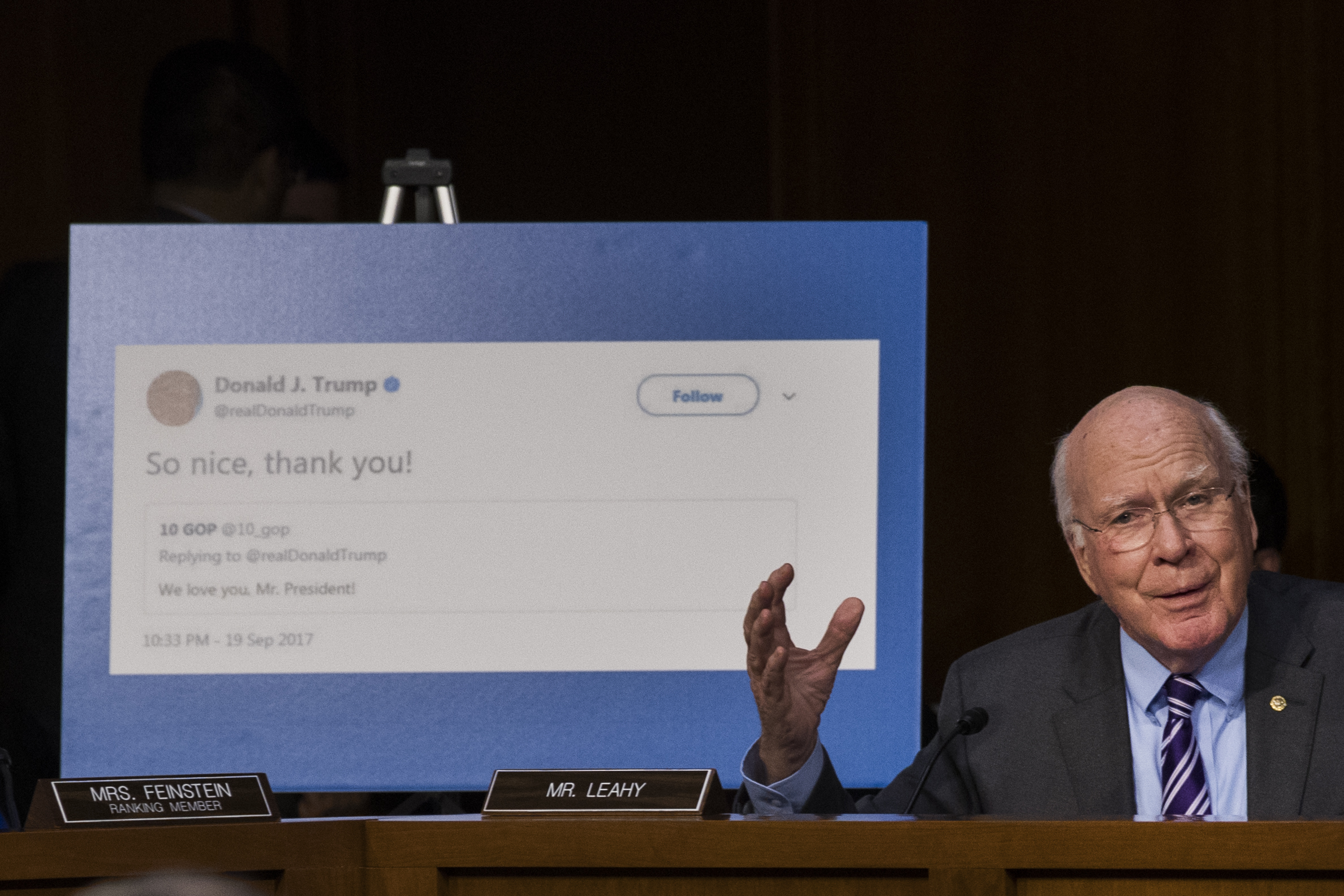 PHOTO: With a display showing President Donald Trump retweeting a fake Russian Twitter account, Sen. Patrick Leahy questions witnesses during a Senate Judiciary Subcommittee on Crime and Terrorism hearing on Capitol Hill, Oct. 31, 2017 in Washington.