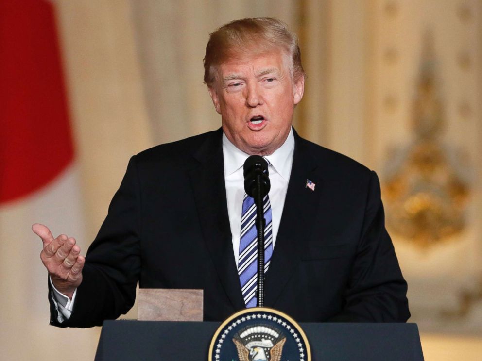 PHOTO: President Donald Trump speaks as he hosts a joint press conference with Japans Prime Minister Shinzo Abe at the Mar-a-Lago estate in Palm Beach, Florida, April 18, 2018.