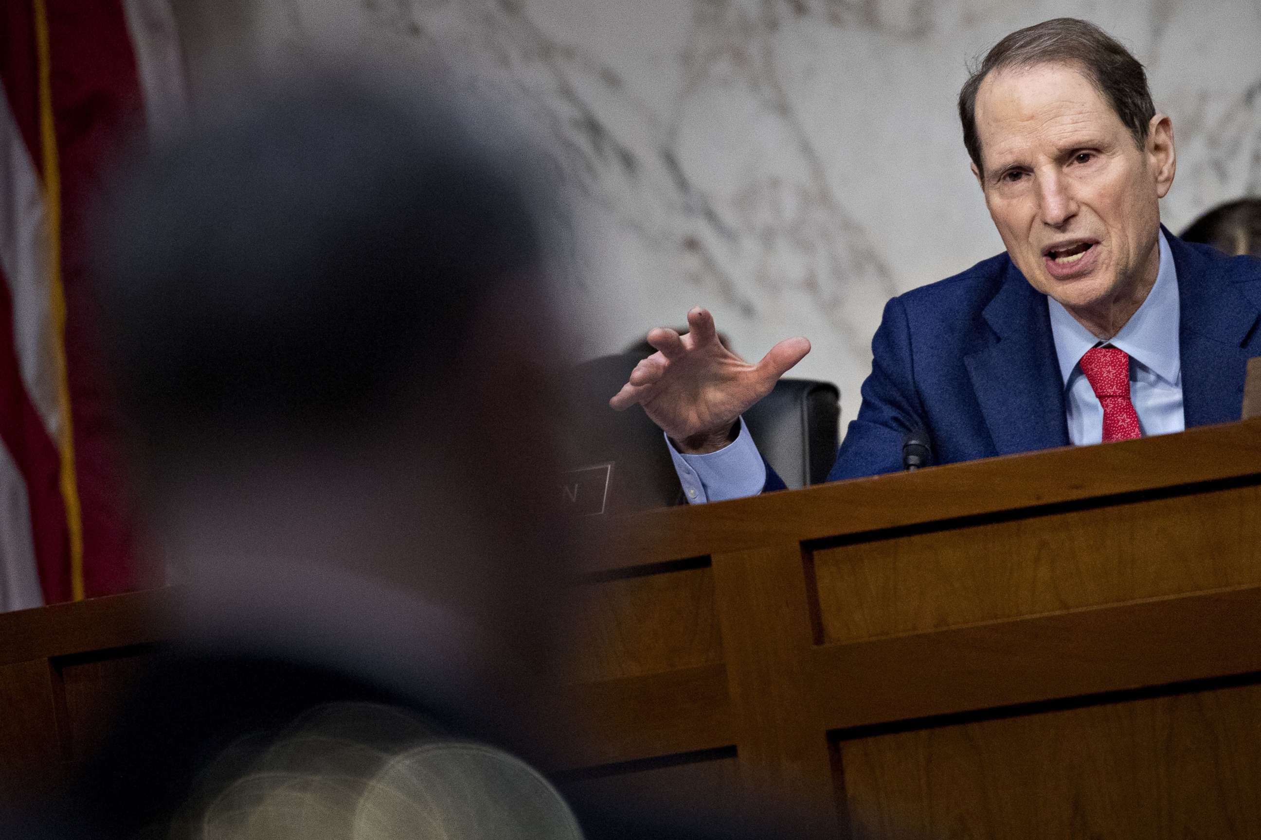 PHOTO: Sen. Ron Wyden, a Democrat from Oregon, questions witnesses during a Senate Intelligence Committee hearing on election security in Washington, D.C., March 21, 2018.