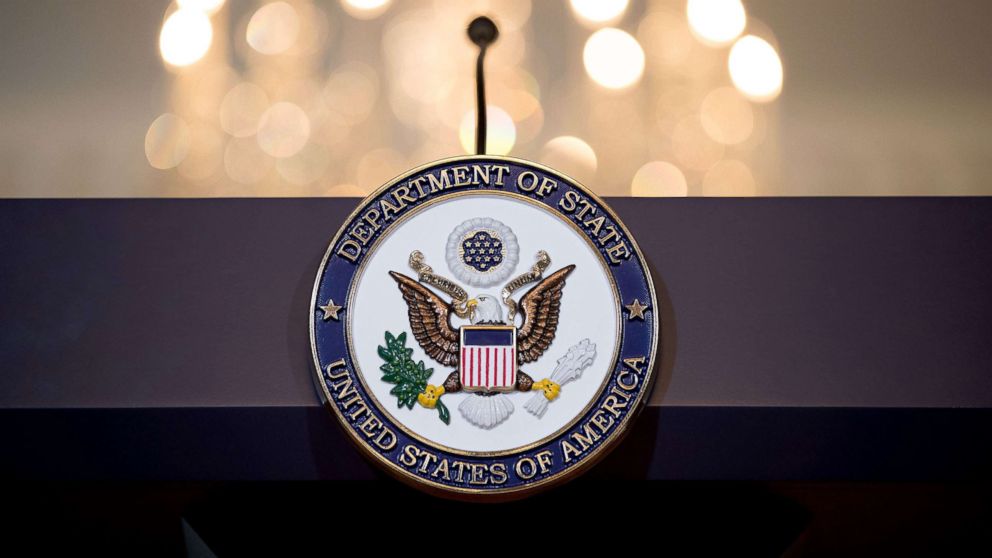 A view of the State Department seal on the podium, June 9, 2017, in Washington, DC.