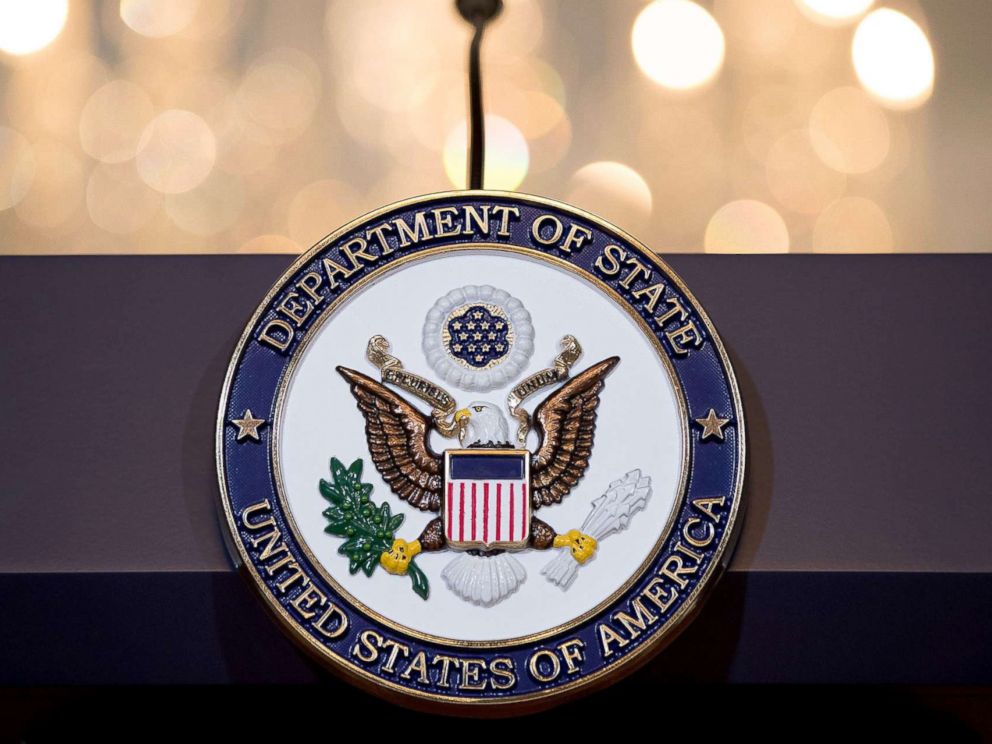 PHOTO: A view of the State Department seal on the podium June 9, 2017 in Washington, DC.