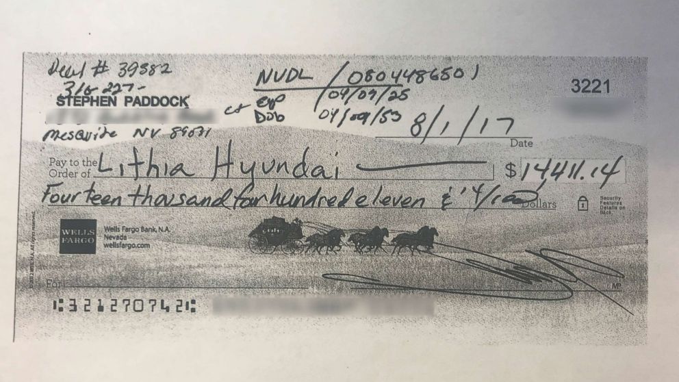 PHOTO: In August, Stephen Paddock paid for a car with this check for $14,411.