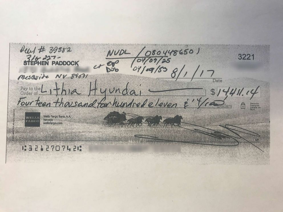 PHOTO: In August, Stephen Paddock paid for a car with this check for $14,411.