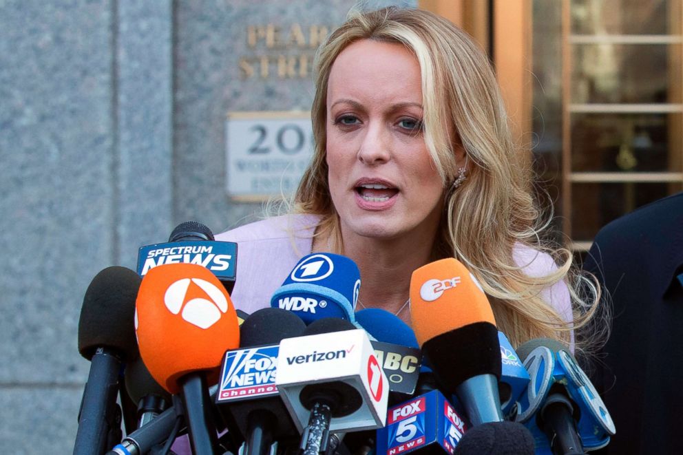 PHOTO: Stormy Daniels speaks outside federal court in New York, April 16, 2018. 