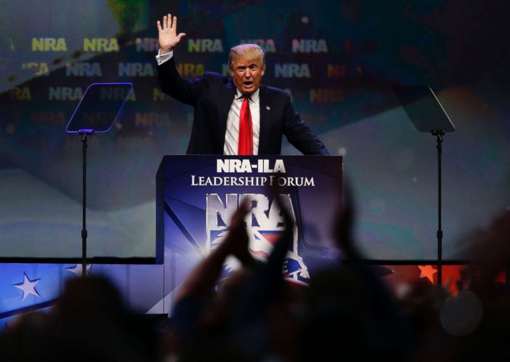 PHOTO: Republican presidential candidate Donald Trump speaks at the NRA Leadership Forum, May 20, 2016, in Louisville, Ky.