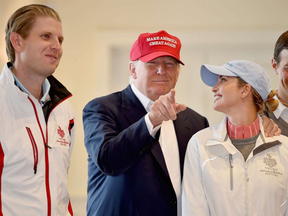 PHOTO: Donald Trump visits his Scottish golf course Turnberry with his children Ivanka Trump and Eric Trump on July 30, 2015 in Ayr, Scotland.