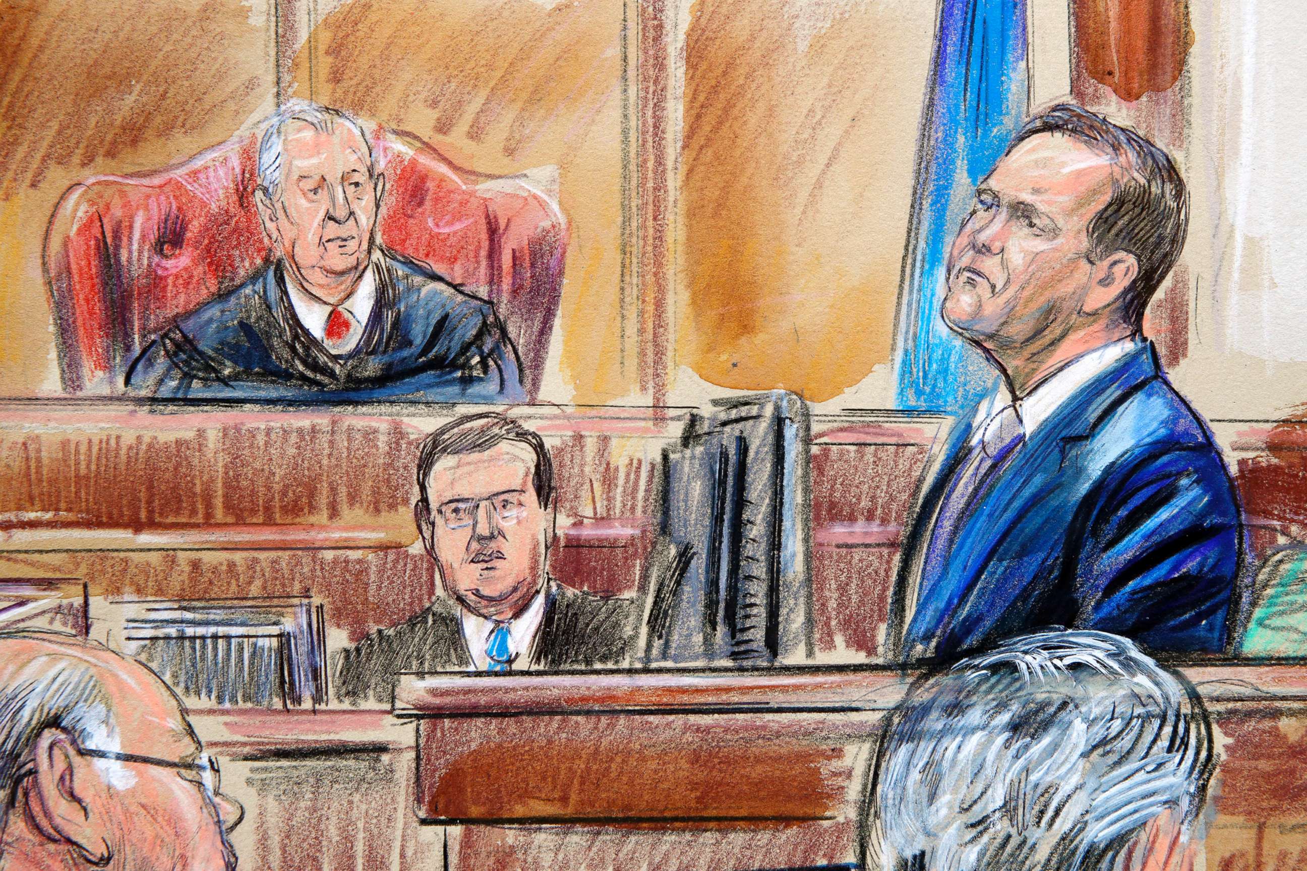 PHOTO: This courtroom sketch depicts Rick Gates on the witness stand as he is cross examined by defense lawyer Kevin Downing during the trial of Paul Manafort in Alexandria, Va., Aug. 7, 2018. U.S. District court Judge T.S. Ellis III presides.