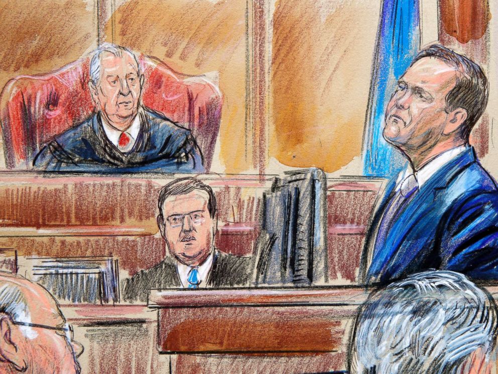 PHOTO: This courtroom sketch depicts Rick Gates on the witness stand as he is cross examined by defense lawyer Kevin Downing during the trial of Paul Manafort in Alexandria, Va., Aug. 7, 2018. U.S. District court Judge T.S. Ellis III presides.
