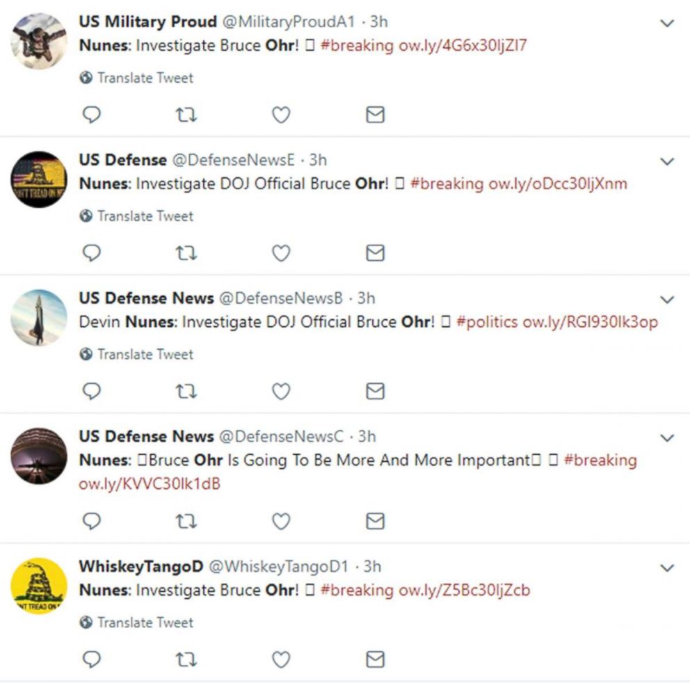 PHOTO: A screen grab from the Twitter website shows several accounts that were believed to be part of a suspected bot network that was recently removed by Twitter.