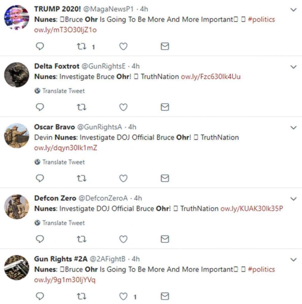PHOTO: A screen grab from the Twitter website shows several accounts that were believed to be part of a suspected bot network that was recently removed by Twitter.