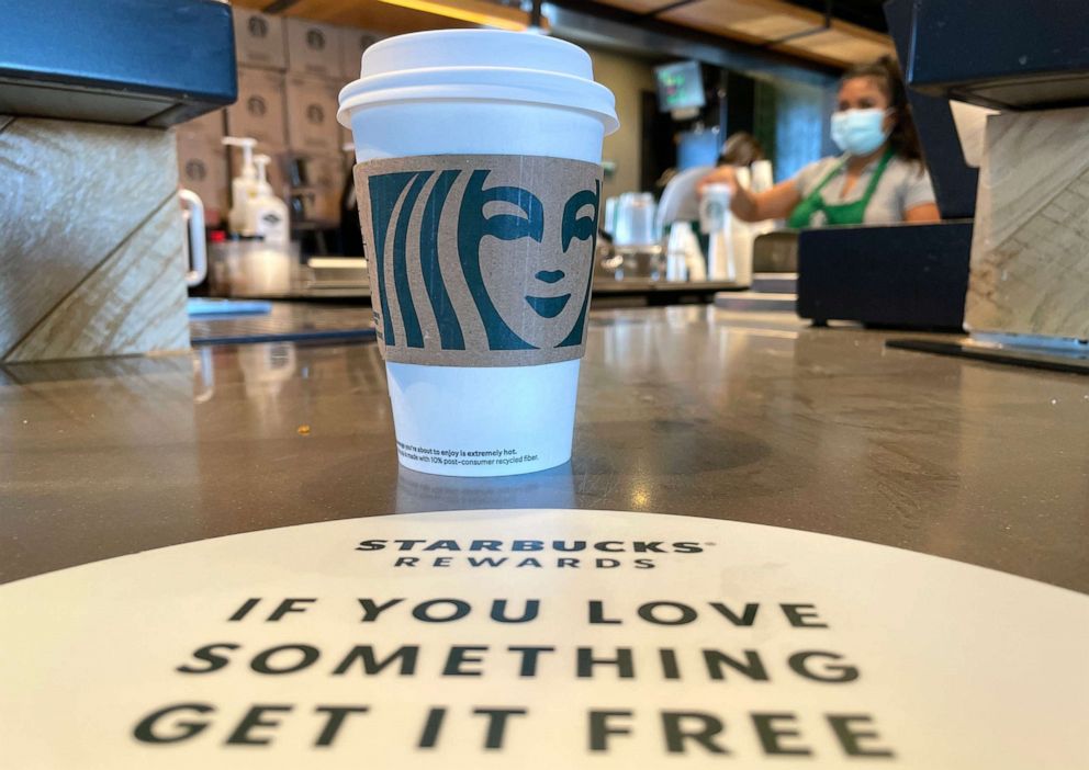 PHOTO: The Starbucks logo is displayed on a cup at a store in Marin City, California, on Oct. 29. Starbucks shares fell 7% a day after the coffee chain reported fourth-quarter earnings that fell short of analyst expectations.