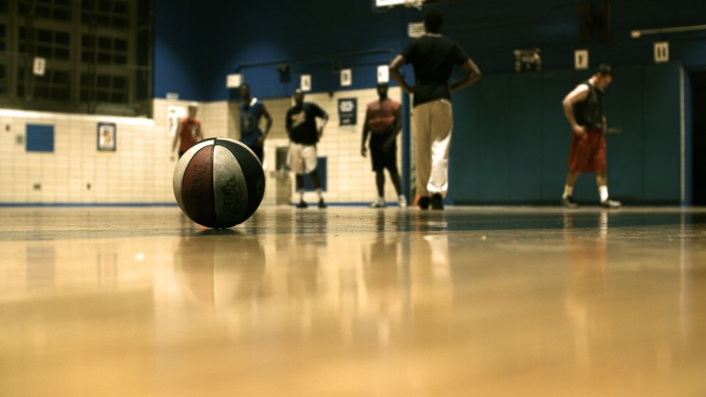 PHOTO:The familiar red, white and blue colored ball of the ABA is seen on the court in Brooklyn, New York.