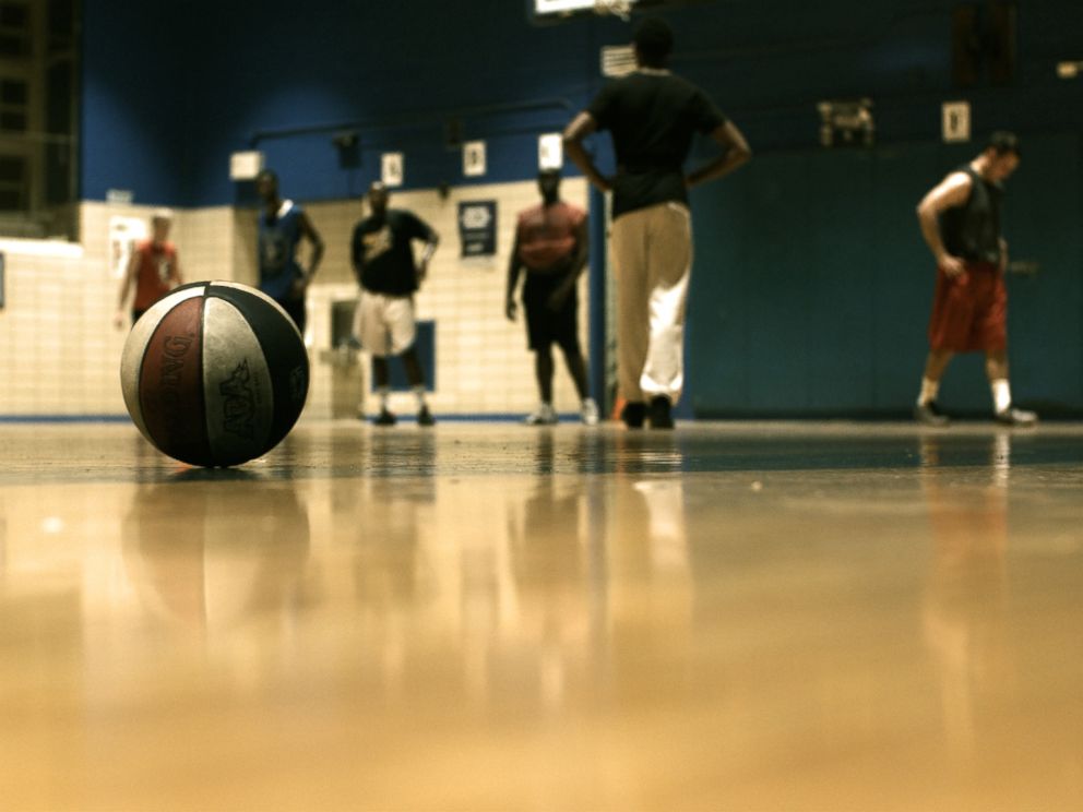 PHOTO:The familiar red, white and blue colored ball of the ABA is seen on the court in Brooklyn, New York.