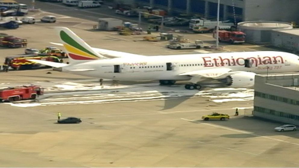 The Ethiopian Airlines Dreamliner parked at Heathrow, July 12, 2013.