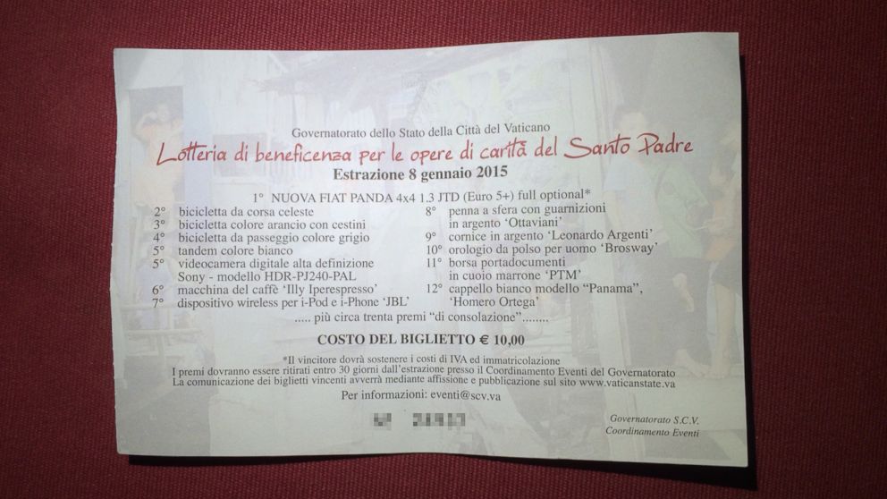 PHOTO: A ticket for the raffle of Pope Francis' gifts, the winners of which will be announced Jan. 8, 2015.
