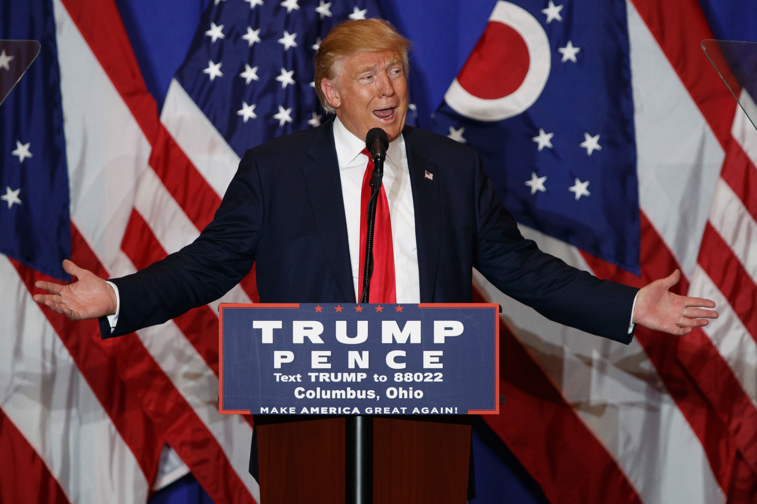 PHOTO: Republican presidential candidate Donald Trump delivers a speech, Oct. 13, 2016, in Columbus, Ohio. 