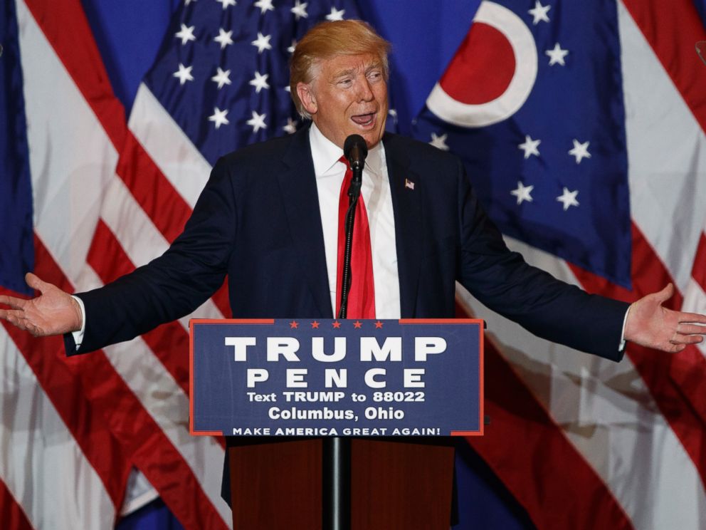 PHOTO: Republican presidential candidate Donald Trump delivers a speech, Oct. 13, 2016, in Columbus, Ohio.