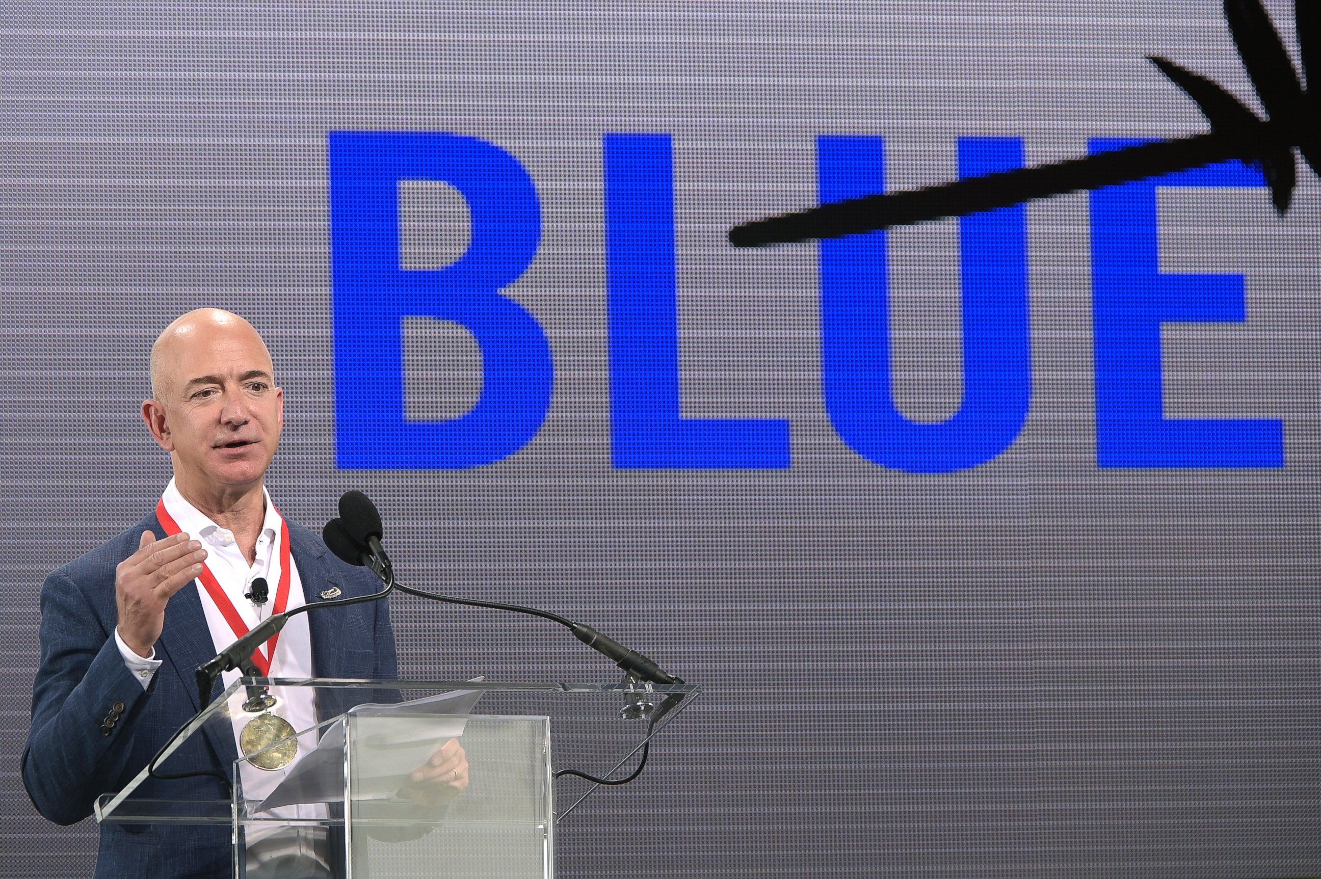 PHOTO: Amazon CEO Jeff Bezos addresses reporters and guests during a news conference unveiling the new Blue Origin rocket at the Cape Canaveral Air Force Station in Cape Canaveral, Fla., Sept. 15, 2015.