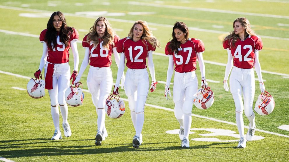 Victoria's Secret models advertise for Super Bowl XLIX.