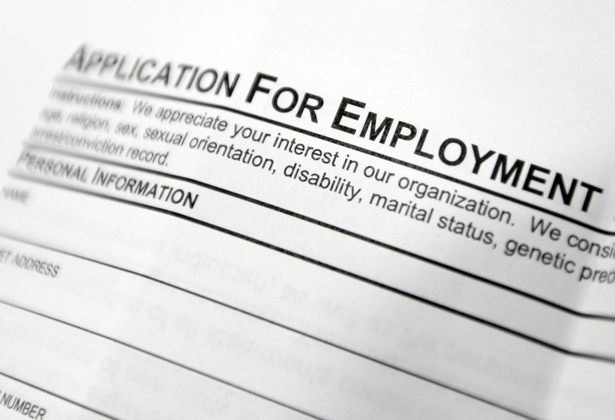PHOTO: An employment application form on a table during a job fair at Columbia-Greene Community College in Hudson, New York is pictured in this April 22, 2014 file photo.