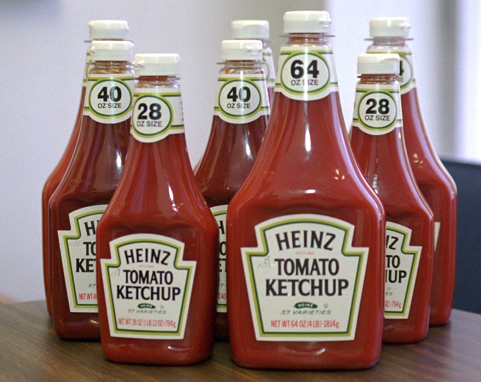 PHOTO: Bottles of Heinz ketchup are displayed at a news conference in Philadelphia on March 8, 1996. 