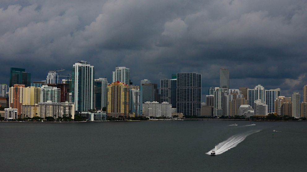 Downtown Miami is engulfed in storm clouds as Tropical Storm Karen heads toward Florida's Panhandle, Oct. 3, 2013. The storm threatened to become the first named tropical system to menace the United States this year.