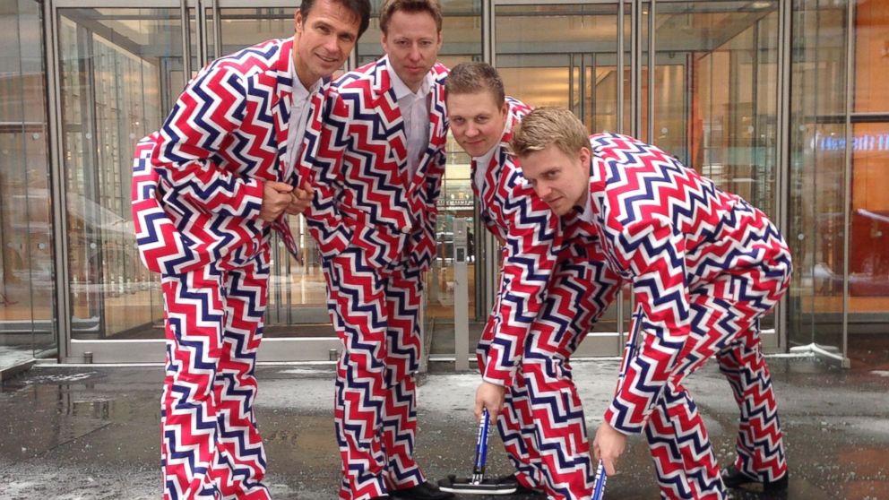 The Norway's Men's Olympic Curling Team--from left, Thomas Ulsrud, Torgor Nergard, Christoffer Svae, and Havard Vad Petersson--wear their Sochi 2014 suits in New York, Jan. 21, 2014. 
