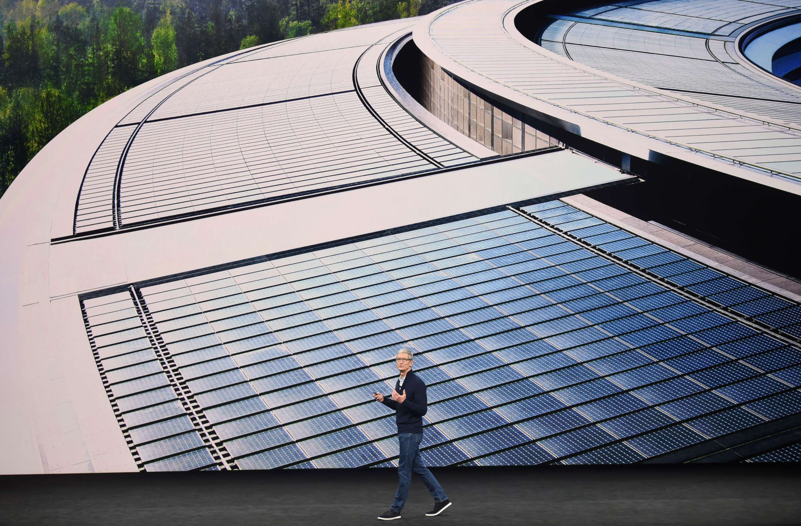 PHOTO: Apple CEO Tim Cook speaks about renewable energy during a media event at Apple's new headquarters where Apple is expected to announce a new iPhone and other products in Cupertino, Calif., on Sept. 12, 2017. 
