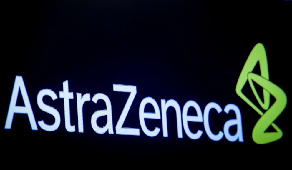 FILE PHOTO: The company logo for U.K.-based drugmaker AstraZeneca is displayed on a screen on the floor at the New York Stock Exchange (NYSE) in New York City, U.S., on April 8, 2019.
