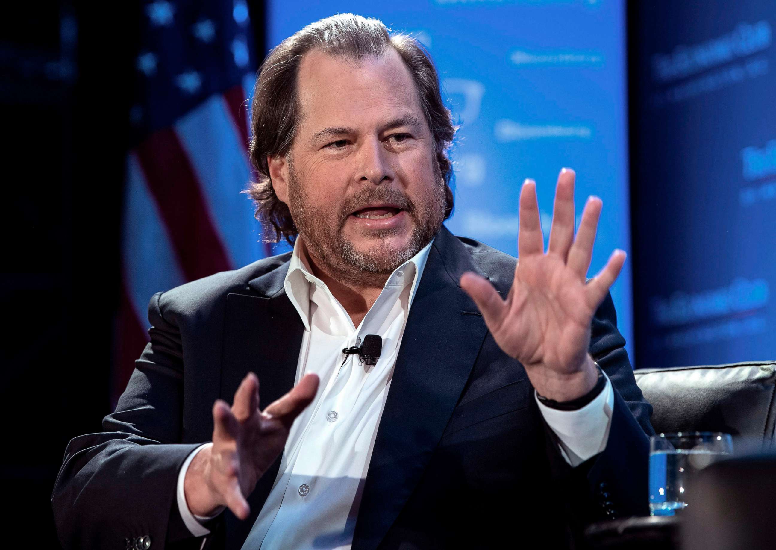 PHOTO: Founder, chairman and co-CEO of Salesforce Marc Benioff speaks at an Economic Club of Washington luncheon in Washington, Oct. 18, 2019. 