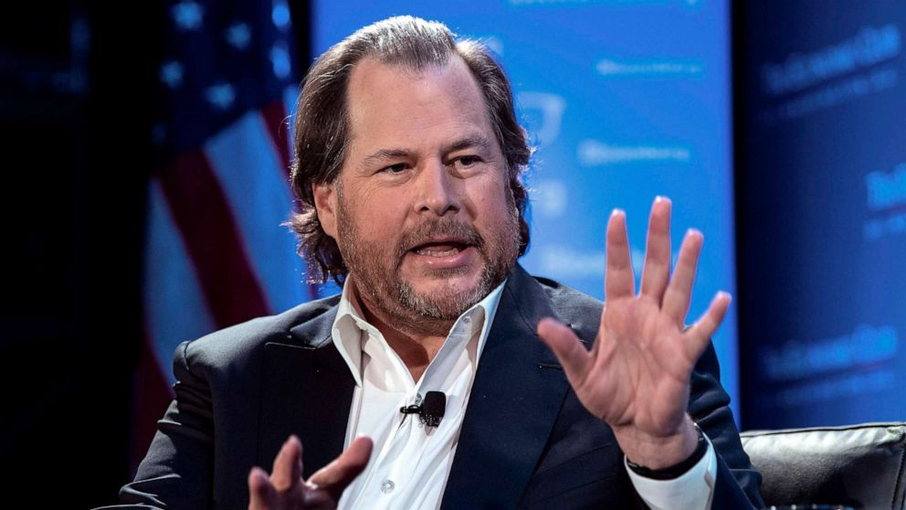 PHOTO: Founder, chairman and co-CEO of Salesforce Marc Benioff speaks at an Economic Club of Washington luncheon in Washington, Oct. 18, 2019. 