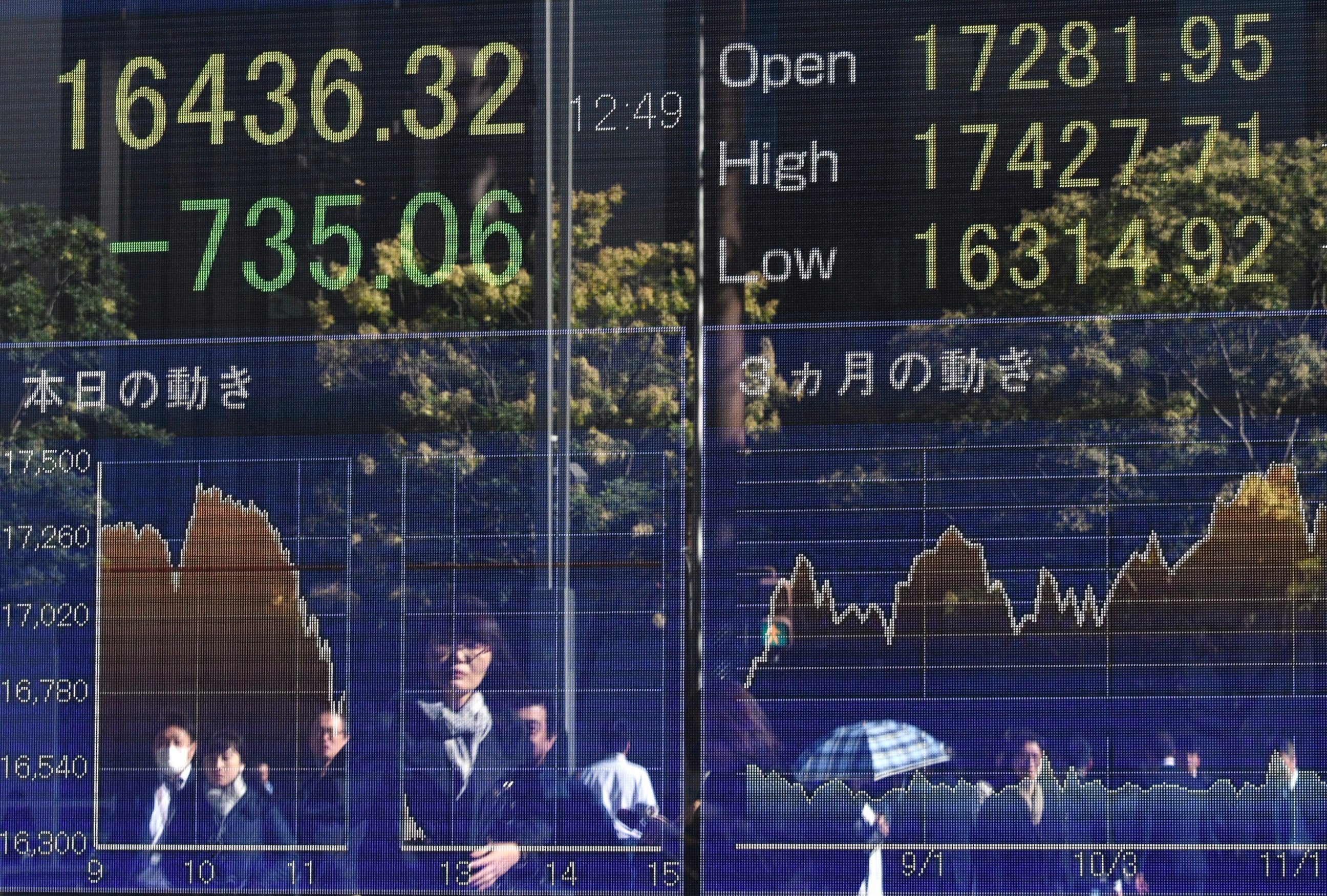 PHOTO: Pedestrians are reflected in a stock market indicator board in Tokyo, Japan, Nov. 9, 2016.