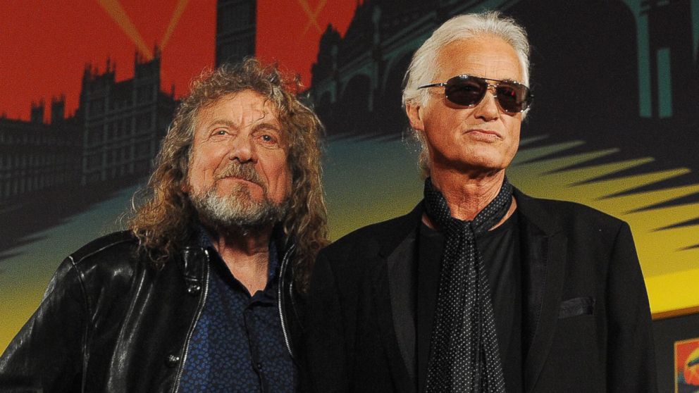 PHOTO: Members of British rock band Led- Zeppelin with Robert Plant,left, and Jimmy Page arriving for a press conference in London, September 21,2012.  