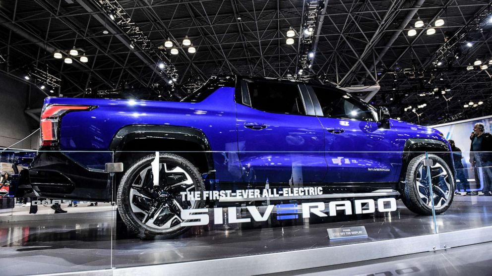PHOTO: A Chevrolet Silverado electric truck during opening day of the 2023 New York International Auto Show (NYIAS), April 7, 2023, in New York.