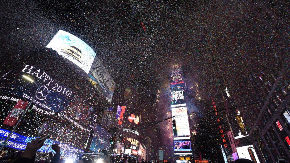 Confetti fills the air as celebrants in Times Square welcomed 2016 on New Years eve.