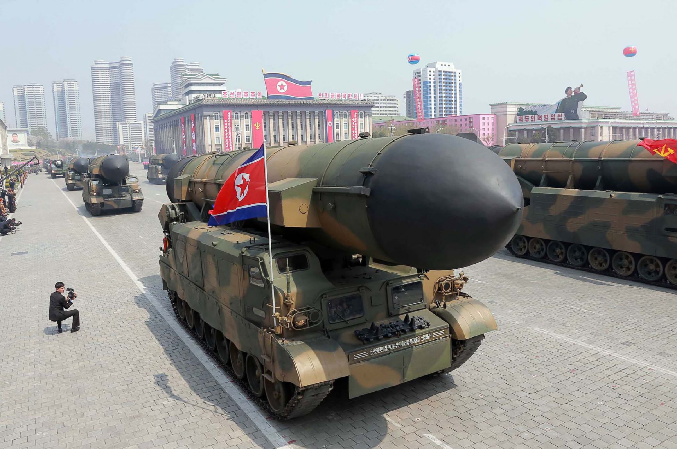PHOTO: This April 15, 2017 picture released from North Korea's official Korean Central News Agency (KCNA) on April 16, 2017, shows Korean People's ballistic missiles being displayed through Kim Il-Sung square during a military parade in Pyongyang.