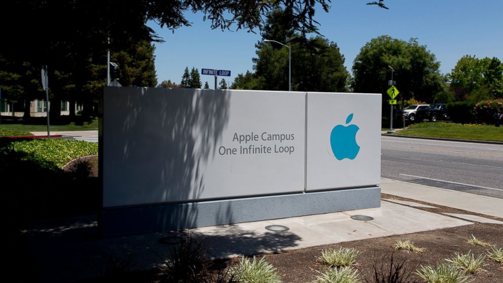 The Apple Campus sign is seen here in Cupertino, California.