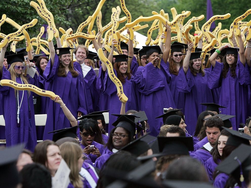 PHOTO: New York University graduates celebrate during commencement ceremonies in Washington Square Park on May 10, 2007 in New York City.